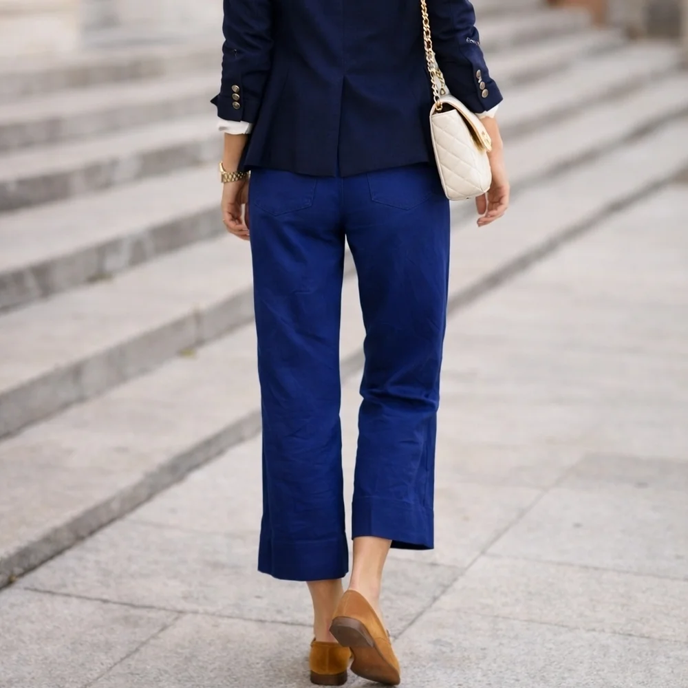 Sézane Jude Cropped Pants Indigo Linen Cotton Tailored Preppy Cuffed FR 36 US 4